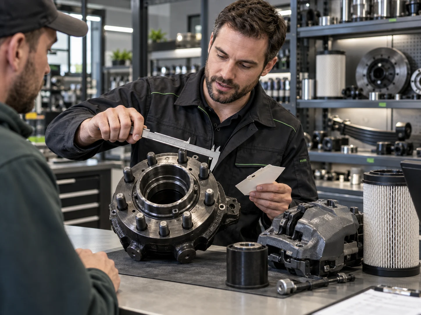 Parts specialist measuring a heavy-duty wheel hub for fitment